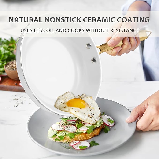 Ceramic Cookware Set, VONIKI 16 Pcs Pots and Pans Set Non Stick, Kitchen Cookware Sets with Cooking Utensils Set, Non Toxic Cookware Set White Gold Pan Set for Cooking Pot Oven & Dishwasher Safe, Gift