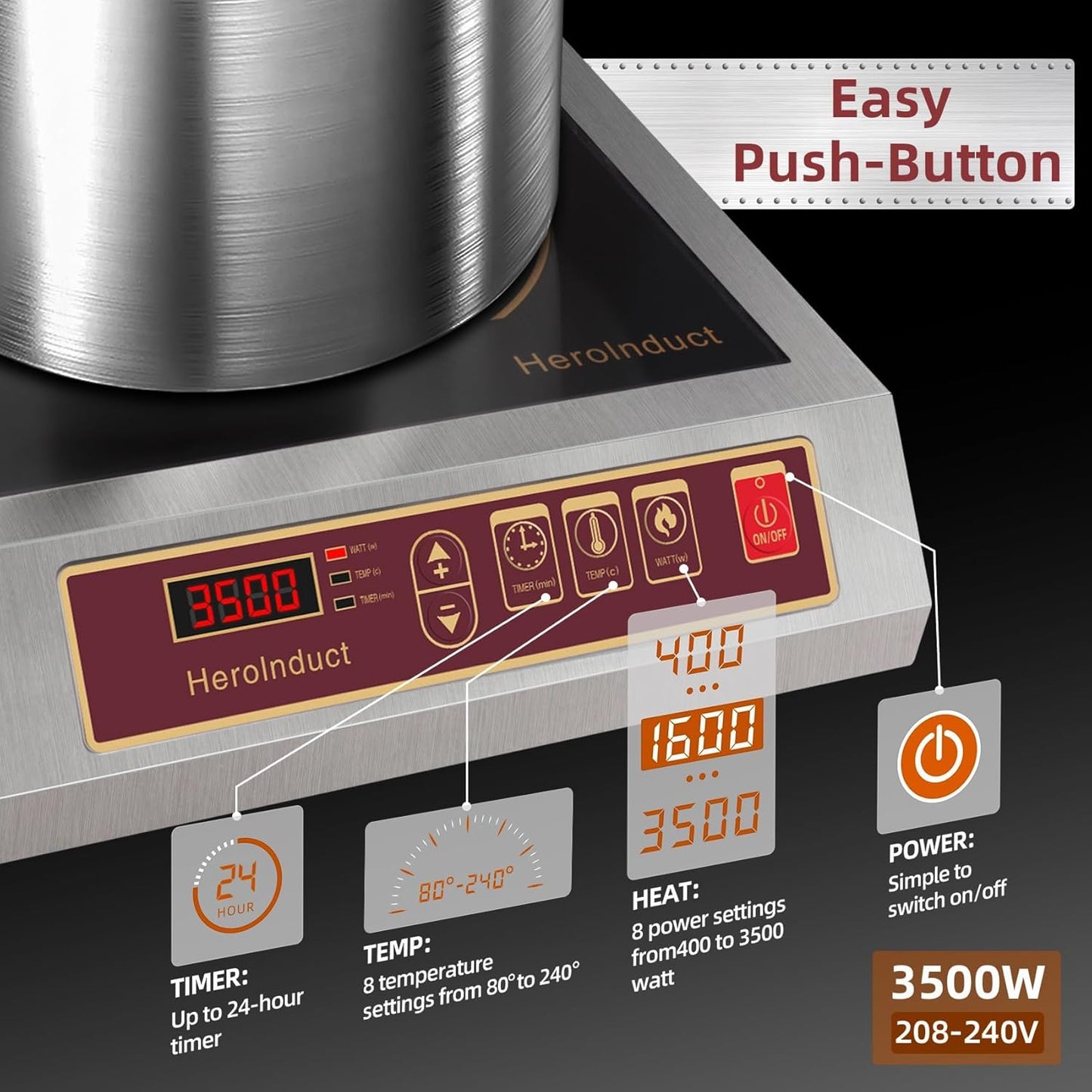 Portable Induction Cooktop 208-240V 3500W Commercial Range Countertop Burner Dual IGBT Modules 8 Heating Level Timer Sensor Push-Button Premium Stainless Steel Housing Ceramic Glass（Red）