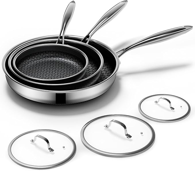 Non Stick Frying Pans Set with 3 Lid, Non-Toxic Hybrid Pans Set Nonstick (8+10+12inch),Pan for cooking, nonStick Cookware, Dishwasher and Oven-Safe Cookware Sets, Stainless Steel Skillets