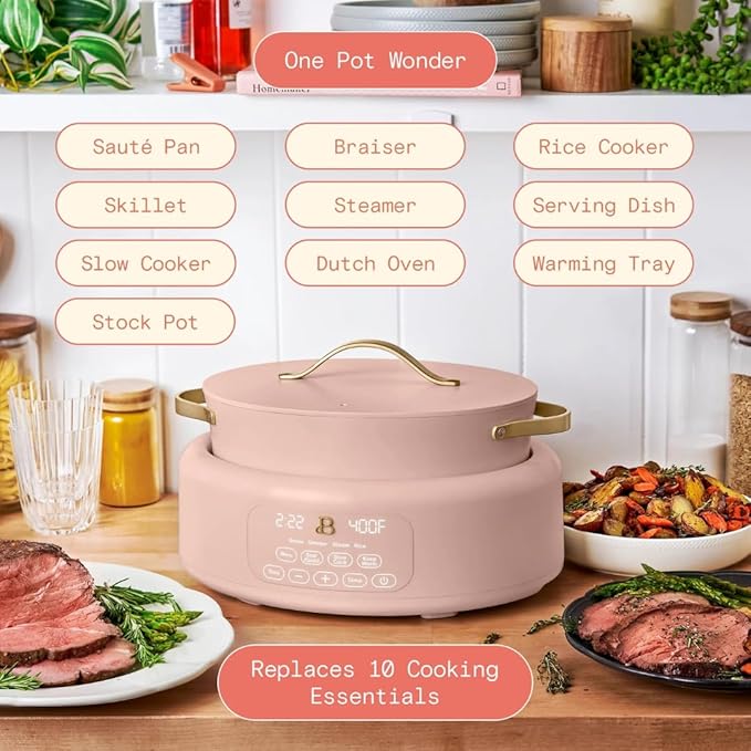 Beautiful 10-in-1 6Qt Electric Multi-Cooker with 7 Presets, Oven-Safe Pot & Lid, Sauté, Steam, Slow Cook, Slow Cooker, Simmer, Rice & More – Touch Display, Dishwasher Safe, Serves Up to 7 (Rose)