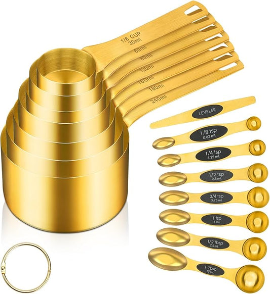 GuDoQi 15pcs Gold Magnetic Measuring Spoons and Cups Set, Stainless Steel 8 Dual Sided Magnetic Measuring Spoons set with Leveler, 7 Cups, Measurement for Liquid and Dry Ingredients for Kitchen