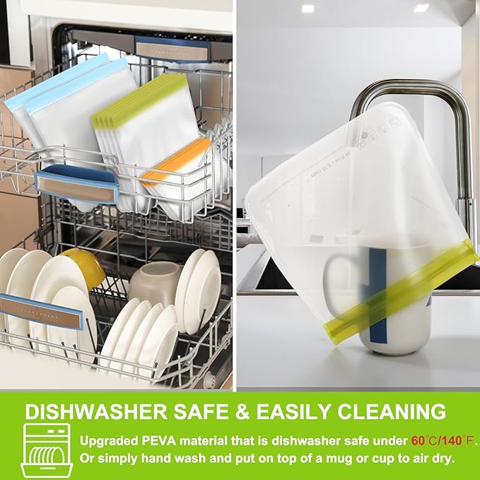 SPLF 12 Pack Dishwasher Safe Reusable Snack Bags, BPA Free Storage Bags, Extra Thick Leakproof Freezer Bags Silicone and Plastic Free Lunch Bags Food Storage