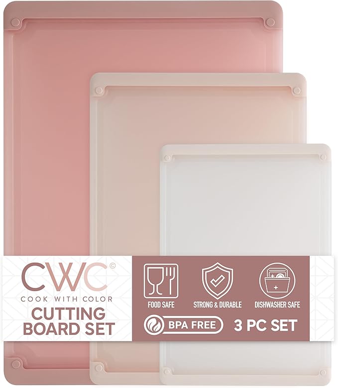 COOK WITH COLOR Extra Large Cutting Board Set, Jumbo-Sized Boards with Rubber Border for Enhanced Cooking Experience, 3-Piece, Pink