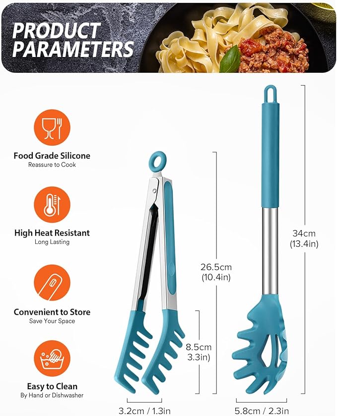 Silicone Spaghetti Spoon & Pasta Tong, Non-Stick Stainless Steel Handle Pasta Fork Set with Teeth, Food Clip for Easy Serving of Noodles (Blue)