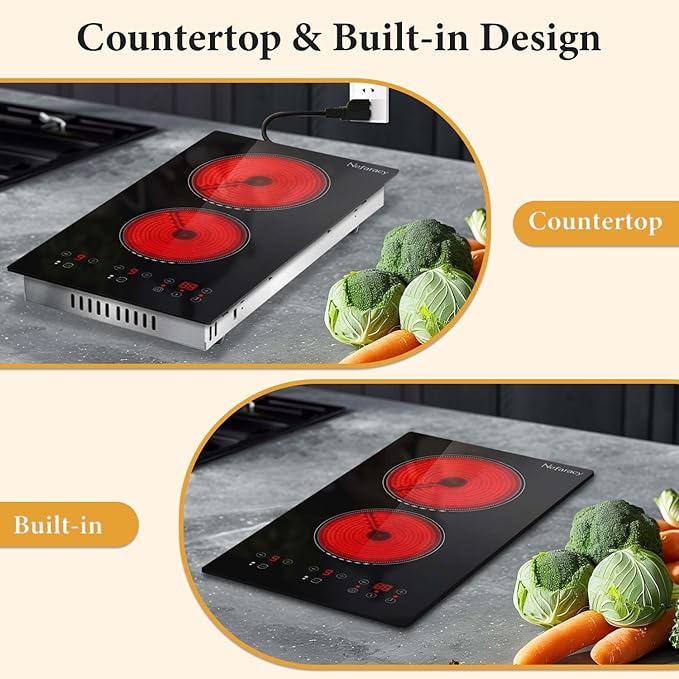 2 Burner Electric Cooktop 12 Inch, 110V Electric Stove with Touch Control, 2000W Ceramic Cooktop, Built-in & Countertop, Overflow Protection, Safety Lock, Timer(Plug in)