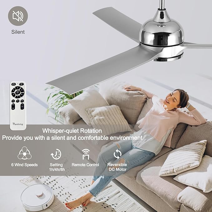 52 Inch Modern Silver Ceiling Fan with Lights Remote Control, Quiet DC Motor/Dimmable 3 Color LED/6 Speed High CFM/3 Blade Indoor Ceiling Fans for Bedroom/Living Room