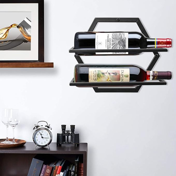 Wall Mounted Wine Bottle Rack, Black Metal Hanging Wine Display Holder Organizer, Red Wine Racks for Home Kitchen Bar Decor Storage (A)