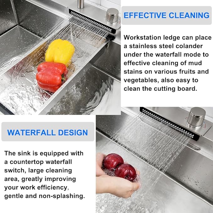 33 Inch Drop In Waterfall Kitchen Sink, 33x22 Drop in Kitchen Sink Waterfall Single Bowl Workstation 16 Gauge Stainless Steel Topmount Large Sinks with Faucet Combo