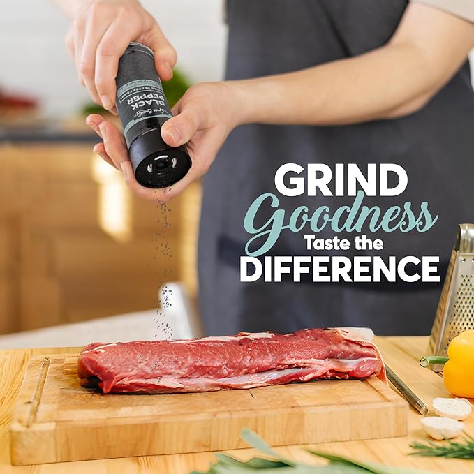 Spice Bounty - Whole Black Peppercorns with Grinder 5.8 oz | Adjustable Pepper Mill, Freshly Ground Pepper, Natural Seasoning Spice