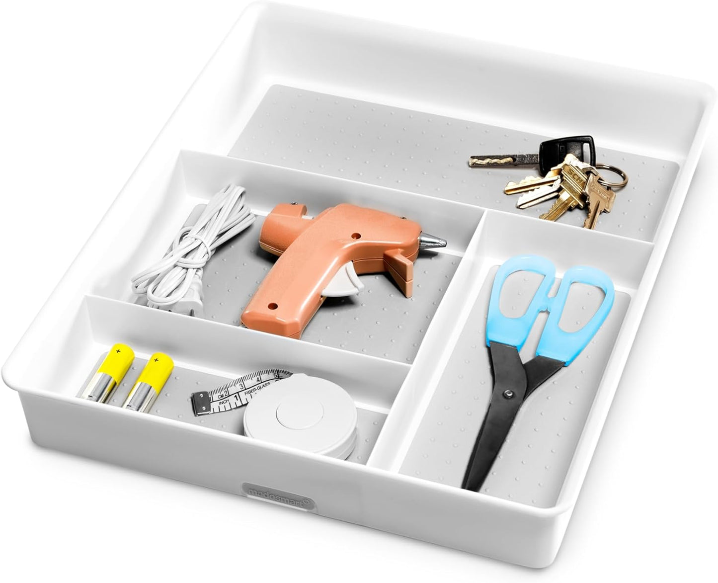 Madesmart Classic 4-Compartment Drawer Organizer Gadget Tray, Plastic Multipurpose Storage Bin for Drawers, White