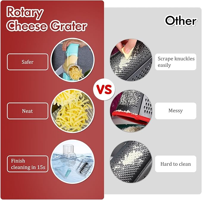 Ourokhome Rotary Cheese Grater Hand Crank, Kitchen Shredder Speed Mandolin Slicer Ice Shaver with Handle and Drum Blades for Cheese, Vegetable, Nuts, Chocolate, Potato, Carrot, 5 Blades, Blue