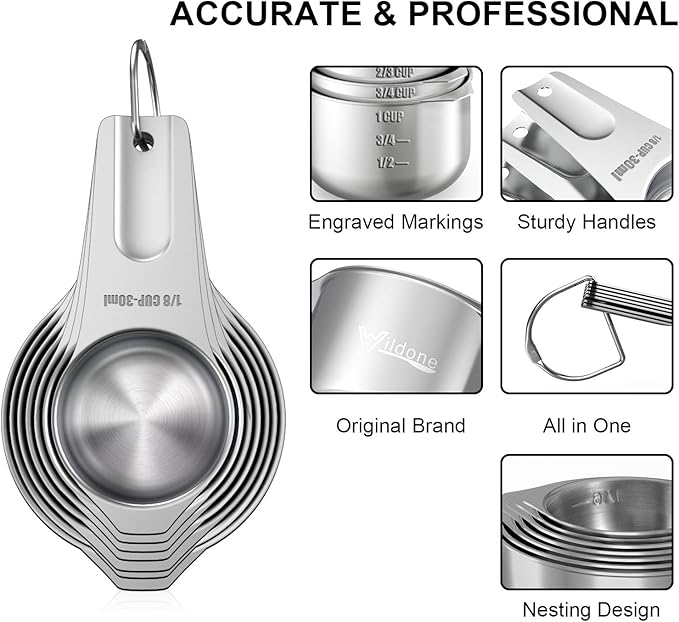 21 Pcs Stainless Steel Measuring Cups and Spoons Set, Wildone Stackable Metal Measuring Cups and Spoons for Cooking & Baking, Includes 7 Cups, 9 Spoons and 5 Mini Spoons