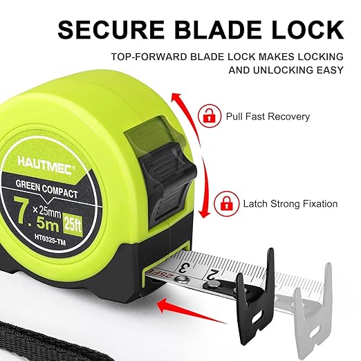 HAUTMEC Tape Measure 25ft with Dual Scale Metric and Imperial 1/8 Fractions Measuring Tape Compact Economical for Home DIY Renovations Crafting Quick Fixes HT0325-2PC