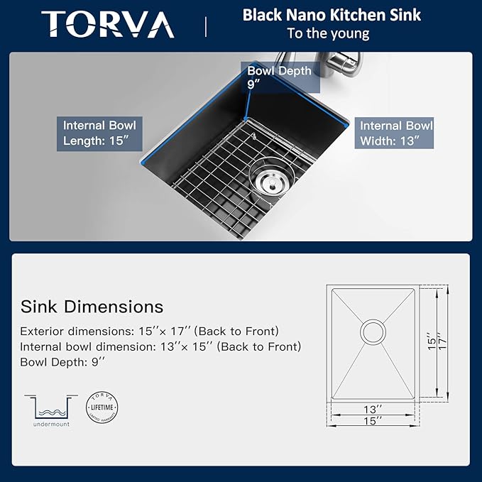 TORVA 15 x 17 Inch Gloss Black Ceramic Coating with NanoTek Undermount Kitchen Sink, PVD Coated Gunmetal Sink16 Gauge Stainless Steel Wet Bar or Prep Sinks Single Bowl, Fits 18" Cabinet,Dark Gray
