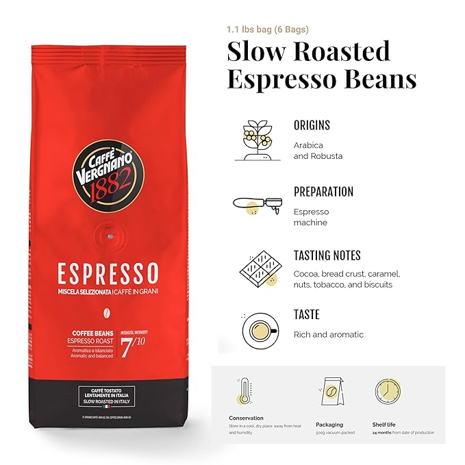 Caffe Vergnano 1882 Espresso Whole Bean Arabica Roast Coffee, 1.1 lb bag - Italian Medium Roast Coffee Beans with notes of Chocolate, Nuts & Caramel, Intensity 7/10-500g Bag (6 Pack)