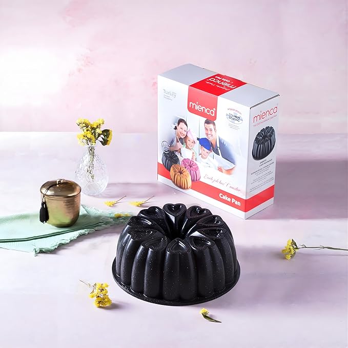 Heart Shape Molded Cast Aluminum Cake Pan, Titanium Coating, Non-Stick, 12 Cups, Heavy Duty, 10 Inch Pound Pan intended for Bundt Cakes, Gifts for Mom, Fluted Tube Pan, Easy to Clean (Black)