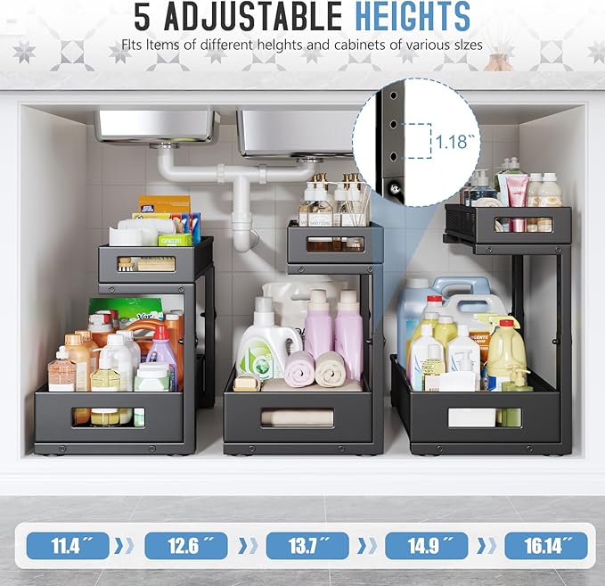 2 Pack 17IN Depth Under Sink Storage Organizer, Large 2-Tier Elegant Mesh Pull Out Shelf for Kitchen and Bathroom Cabinet Organization, L-Shaped and Adjustable Height Design-Black