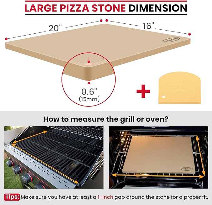 Unicook Large Rectangular Pizza Stone for Oven and Grill 20" x 16" x 0.6", Thermal Shock Resistant Cordierite Baking Stone, Ideal for Baking Crispy Pizzas, Bread and Cookies, Dough Cutter Included