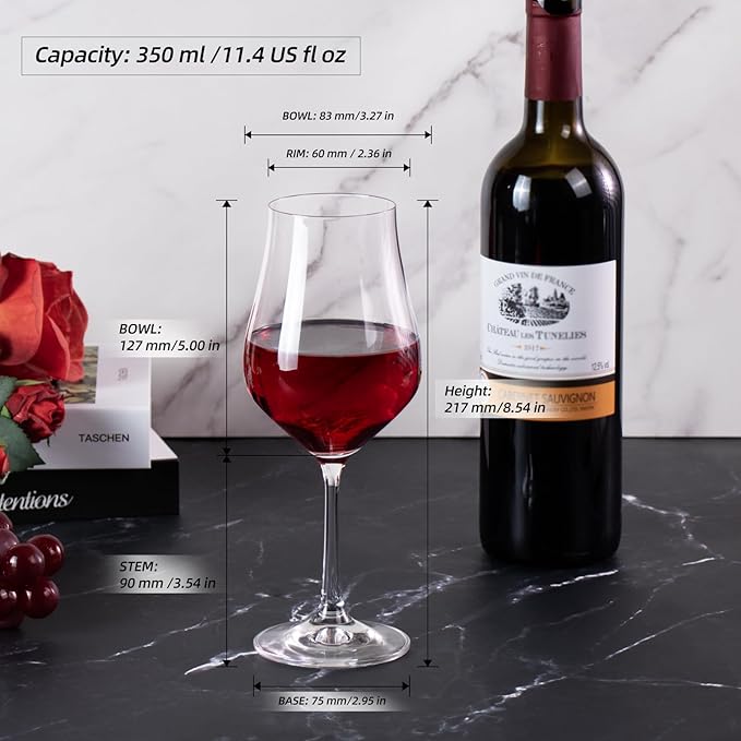 KAMMAK Wine Glasses Set of 2, 11.4 oz Hand Blown Crystal Bordeaux Wine Glasses, Thin Rim & Long Stem, Perfect for Red & White, Daily Use, Wedding Anniversary or Birthday Gift with Gift Box, Tulip