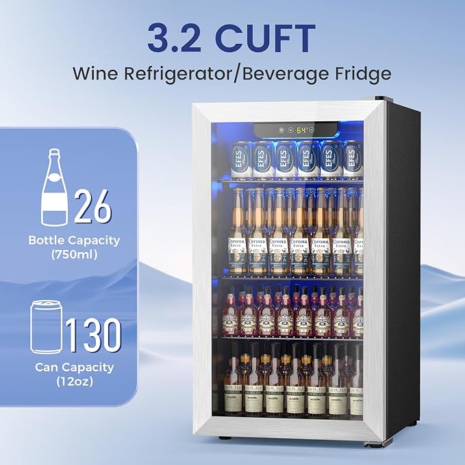 26 Bottle Wine Cooler Refrigerator, Small Freestanding Wine Fridge for Red, White and Champagne, Built-in Wine Cellar with Stainless Steel Glass Door, 40-66F Digital Temperature Control, Indoor Use