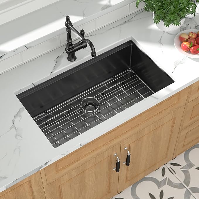 Mocoloo 32 Undermount Kitchen Sink - 32 x 19 Inch Black Kitchen Sink Workstation Gunmetal Black Stainless Steel 16 Gauge Deep Single Bowl 10'' Handmade Basin