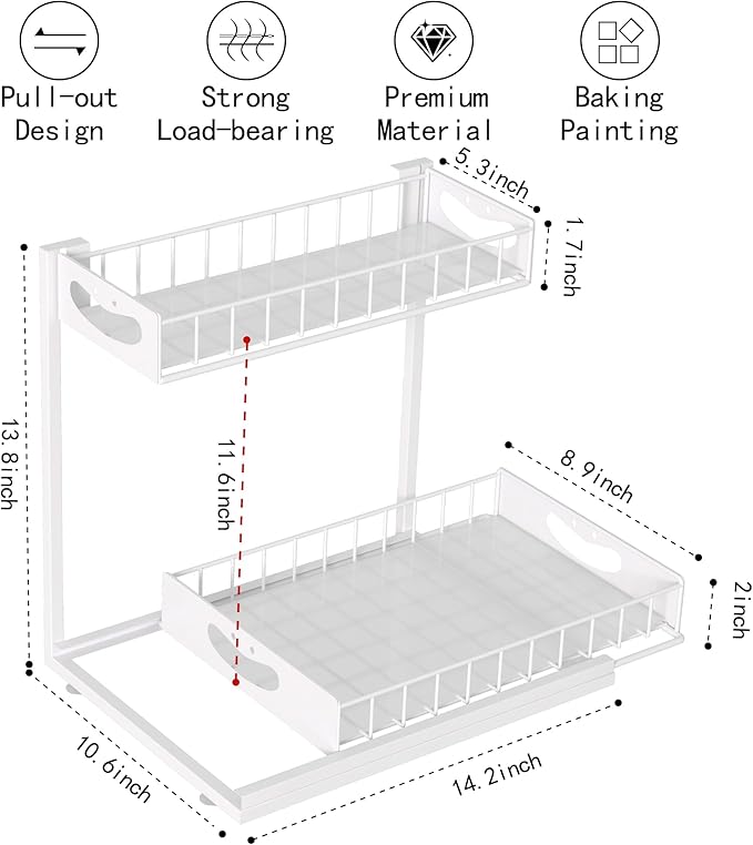 Under Sink Organizer with Pull-Out Drawers,Kitchen Sink Organizer,2 Tier Bathroom Organizers And Storage,Bathroom Accessories Set,White 1 Pack