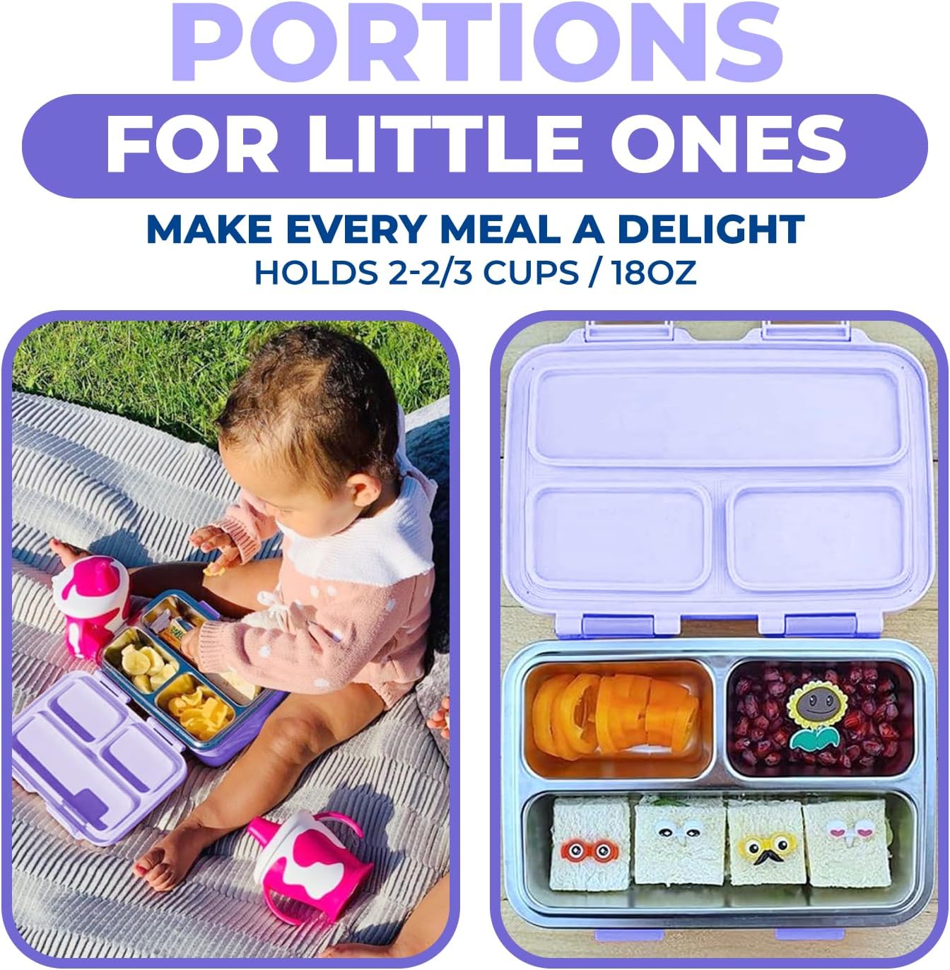 Small Stainless Steel Lunch Box for Baby Toddlers Girls, Mini Bento, 3 Eco Metal Portion Sections Leakproof Lid, Pre-School Daycare Lunches, Toddler Spill-Proof Snack Container, 18 oz/550 mL Purple