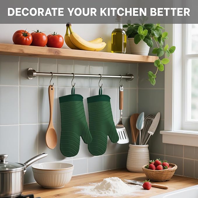 Beneno Premium Silicone Oven Mitts 2-Pack Heat Resistant 500°F, Soft Flexible Non-Slip Grips, BPA-Free & Waterproof Oven Mitts with Comfort Cotton Lining for Baking, Grilling, Cooking, 7"x13", Green