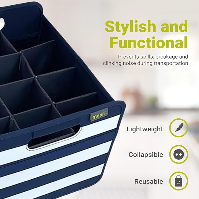 meori Foldable 12 Bottle Wine Carrier Marine Blue Stripes Carry Glassware Liquor Storage Bottle Shopping Travel Cocktails RV, B100792