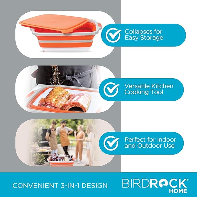 BIRDROCK HOME 2-pack Collapsible BBQ Prep Tub w/Cutting Board, Multi-Function Grill Caddy w/Colander & Lid, Portable Silicone Dish Bowl for Picnic, Tailgate, Camping (Orange, Large)