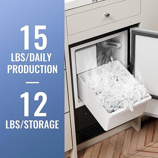 Under Counter Crescent Ice Maker Machine, 15'' W Drainless Built-in Ice Maker, 15 LBS/Day with 12 LBS Storage Bin, Perfect for Commercial Home Bar, No Drain