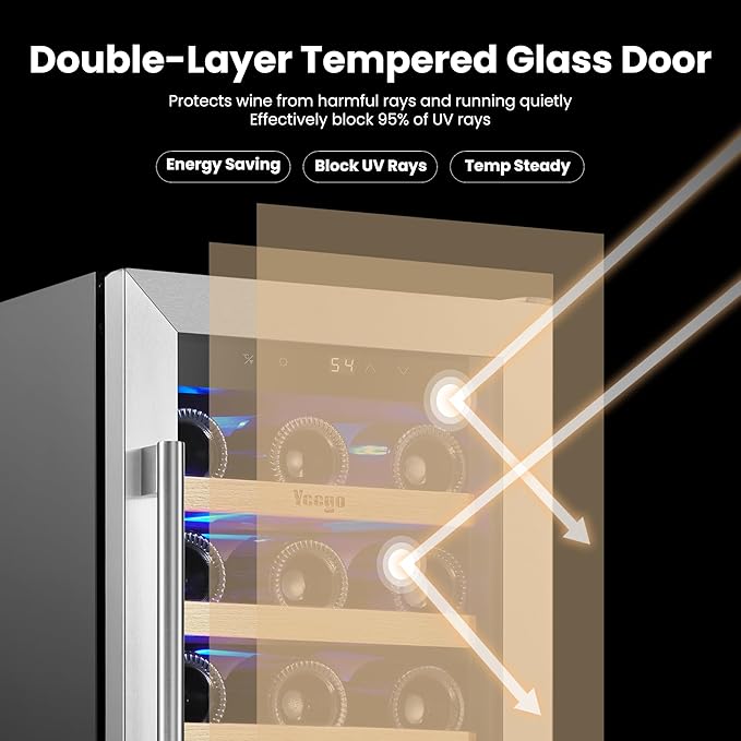 Yeego Wine Fridge – 15 Inch 33 Bottle Wine Cooler Refrigerator with Glass Door, 40-65℉ Touch Control, Built-In or Freestanding, Ideal for Home Bar & Kitchen