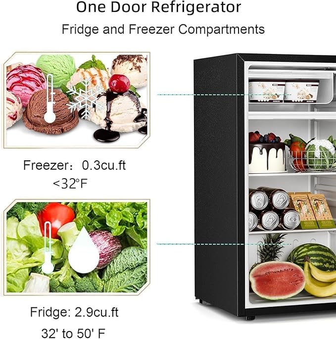 Antarctic Star Mini Compact Refrigerator with Freezer, 3.2 Cu.Ft. Single Door with Adjustable Thermostat,Removable Glass Shelves for Apartment/Dorm/Office,BLACK