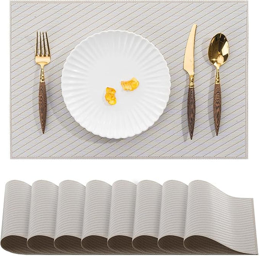 BACKTOEDEN Placemats Set of 8 Heat Resistant Washable Wipeable Placemat Woven Non-Slip Foldable Vinyl/Plastic Place Mats Indoor/Outdoor Mat Kitchen Dining Table Pad, Light Gray Twill