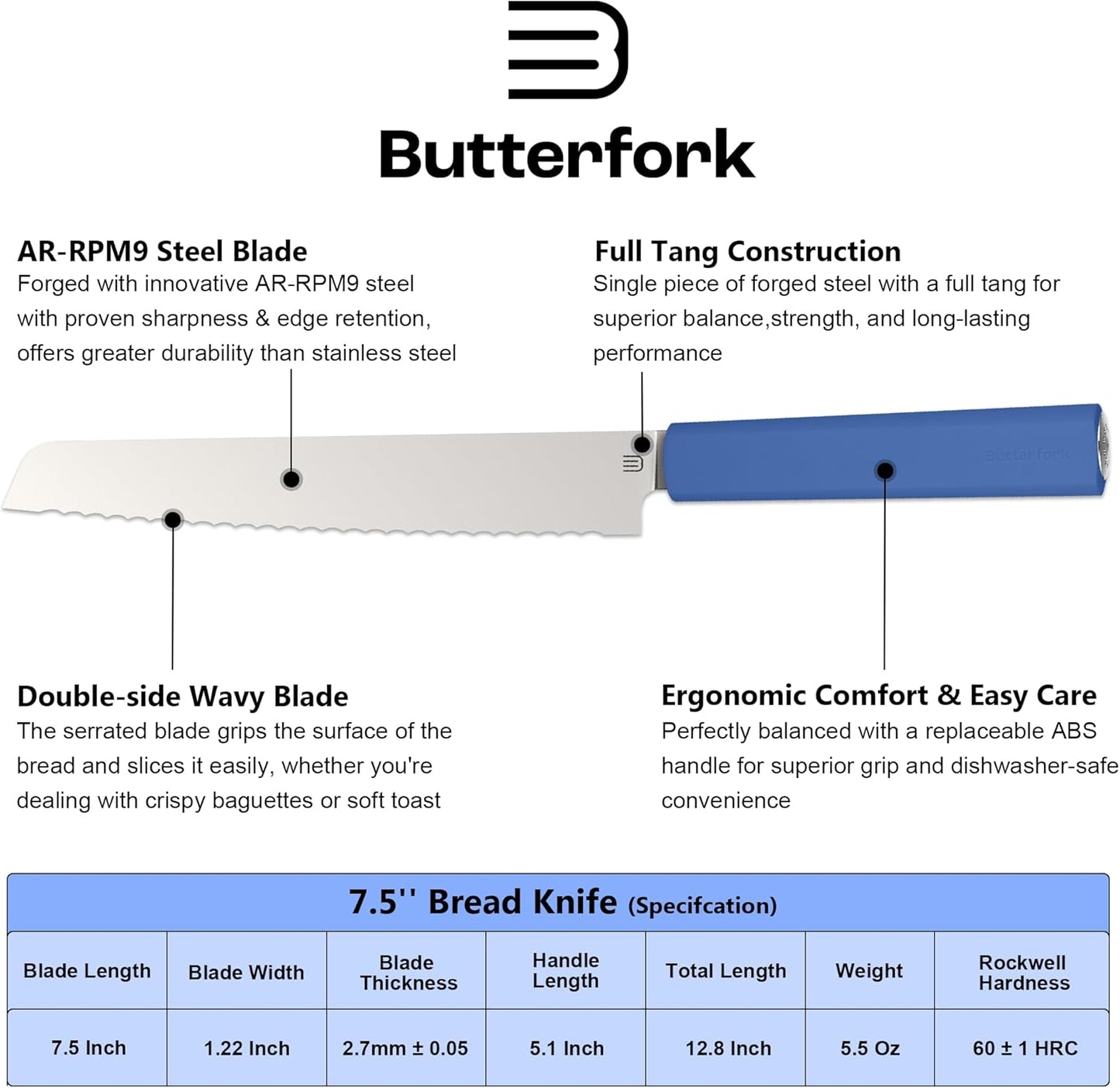 7.5" Serrated Bread Knife for Homemade Bread, Razor Sharp AR-RPM9 Steel & Innovative Wavy Edge, Professional Serrated Knife for Sourdough Bread Cake, Gift Box for Baker Home Chefs