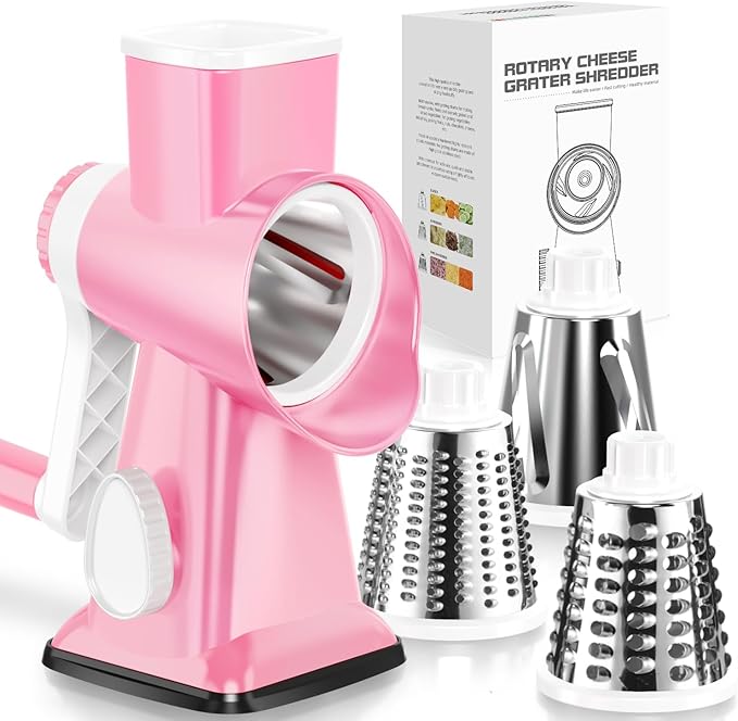 KEOUKE Rotary Cheese Grater Hand Crank Pink - Shredder Slicer Grinder 3 Stainless Steel Blades, Stable Suction, Labor-Saving Handle, Safe Kitchen Tool for Cheese, Vegetable, Nuts, Chocolate