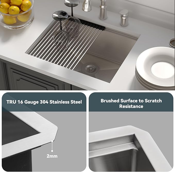 Lordear Undermount Kitchen Sink 23 x 19 Inch, 16 Gauge Stainless Steel Single Bowl Workstation With Cutting Board, Handmade