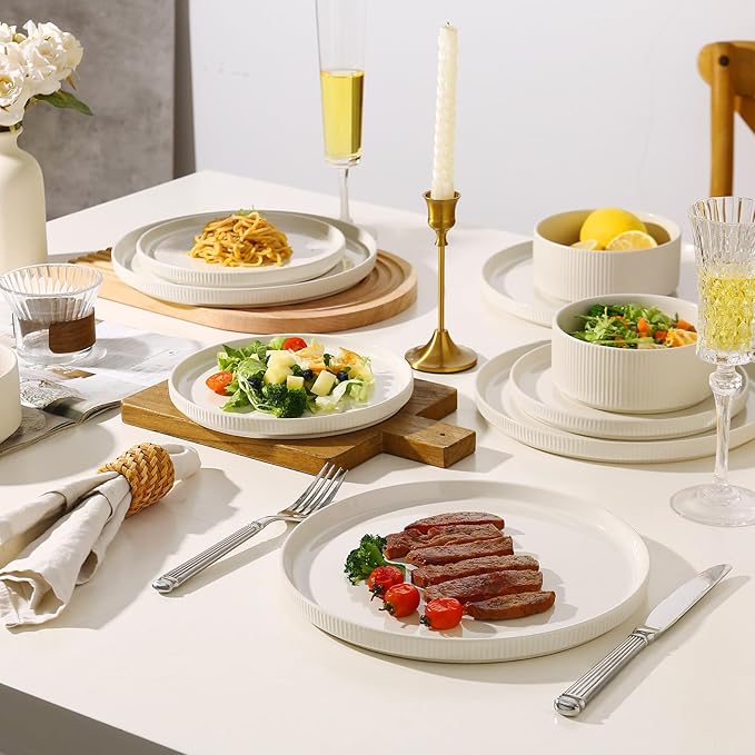 MONITO Ceramic Plates and Bowls Sets for 6, 18PCS Stoneware Dinnerware Sets, Reactive Glaze Dish Set, Chip and Scratch Resistant Double, Microwave and Dishwasher Safe,White