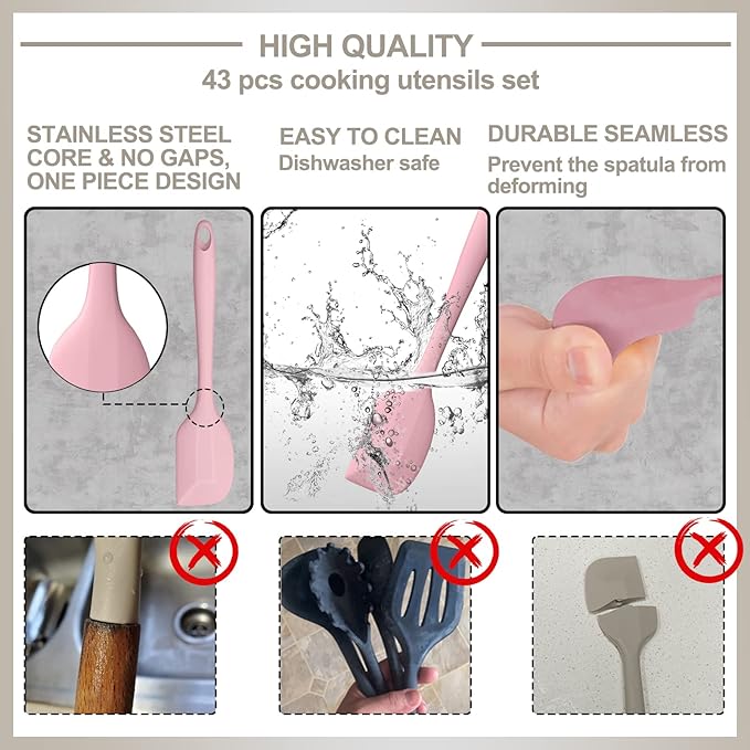 Silicone Cooking Kitchen Utensil Set, AIKKIL 43 Pcs Pink Cooking Utensils Set, Turner, Tongs, Spoon, Spatula, Kitchen Gadgets Tools Set For Nonstick Cookware, Heat Resistant (Dishwasher, BPA Free)