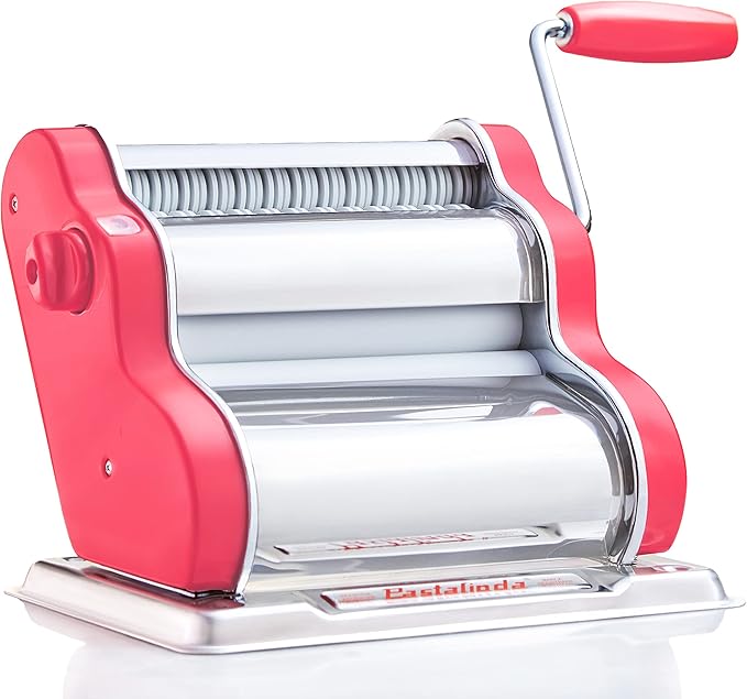 PASTALINDAClassic 200 Pasta Maker Machine, 20 cm Wide Rollers, 9 Thickness Positions, 2 Cutting Positions, Stainless Steel. Includes Reinforced Hand Crank And Two Clamps (Coral)