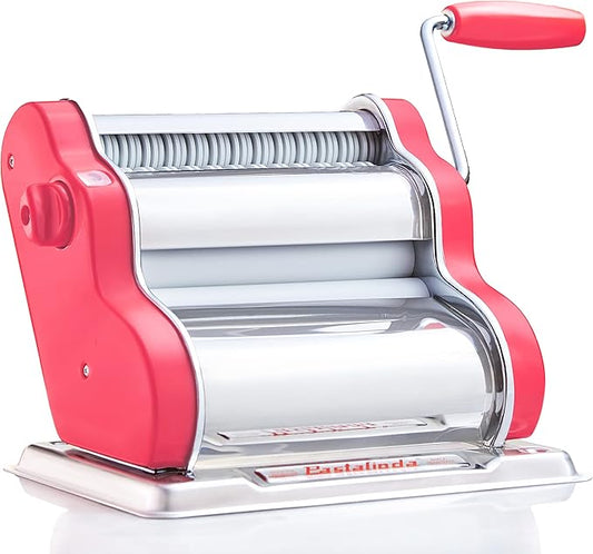 PASTALINDAClassic 200 Pasta Maker Machine, 20 cm Wide Rollers, 9 Thickness Positions, 2 Cutting Positions, Stainless Steel. Includes Reinforced Hand Crank And Two Clamps (Coral)