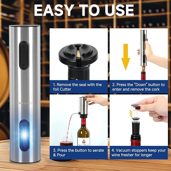 Electric Wine Opener Gift Set, Automatic Electric Wine Bottle Corkscrew Opener Rechargeable with Foil Cutter, Automatic Aerator, 2 Vacuum Stoppers for Home Bar Outdoor Parties, Stainless Steel