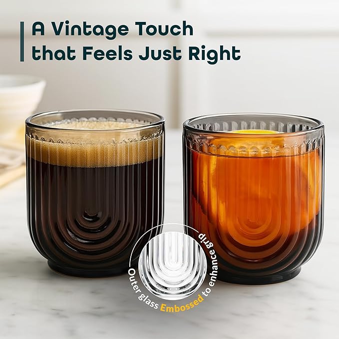 Glaver's Double Old Fashioned Rock Glasses, Set of 4 Smoke Black Whiskey Glasses, 11 oz Art Deco U-Shape Design Embossed Everyday Home Bar Glassware. Art Deco Elegant Kitchen Drinking Glasses.