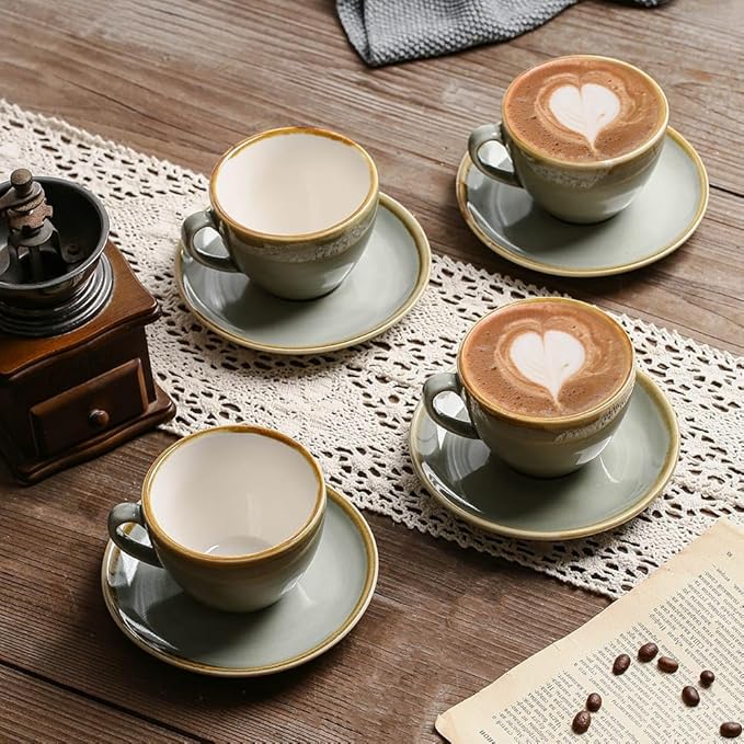 SHUER Ceramic Latte Coffee Cup Set of 4, 11.2 Oz Tea Cup and Saucers Sets,Glaze Americano Cups and Macchiato Coffee Cups,Low Tea Time Mug Set Great for Party (Light Cyan 320ML)