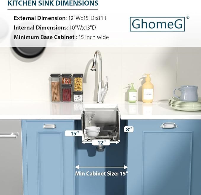 Undermount Bar Sink 12x15 Inch Kitchen Sink Single Bowl Workstation 16 Gauge Stainless Steel 8 In Deep Small Bar Sinks with Practical Accessories