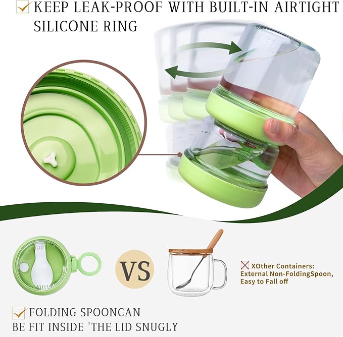 2 Pack Overnight Oats Containers with Lids, Folding Spoons 26 oz Plastic Mason Jars Containers with Lids Portable Cereal and Milk Container on The Go (White and green Oatmeal Cup)