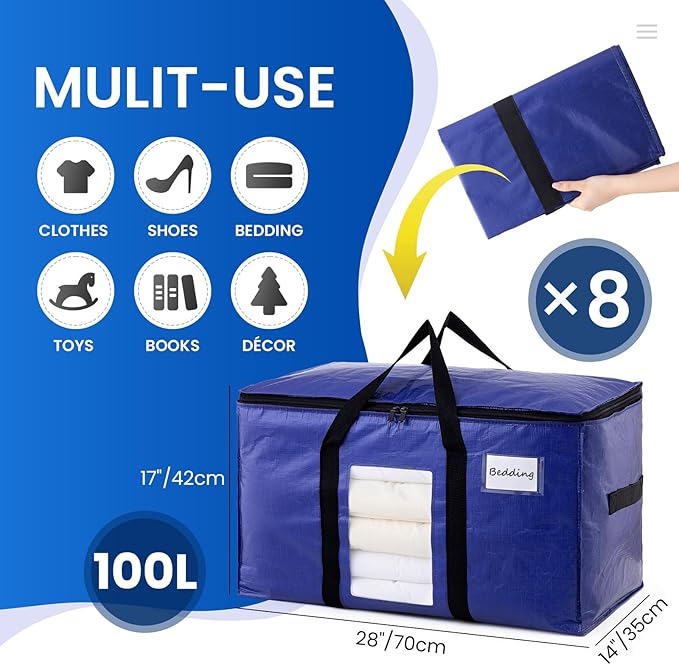 TAILI 8 Pack Dark Blue Extra Large Moving Bags, Heavy Duty Totes with Visible Window, Wrap Around Handles, Great for Storage