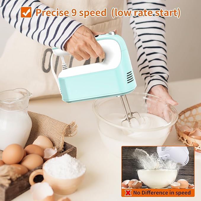 9-Speed Digital Hand Mixer Electric, 400W Powerful DC Motor, Baking Mixer Handheld with Snap-On Storage Case, 5 Stainless Steel Accessories, Flat Beaters, Dough Hooks, Whisk (Ice Blue & White)