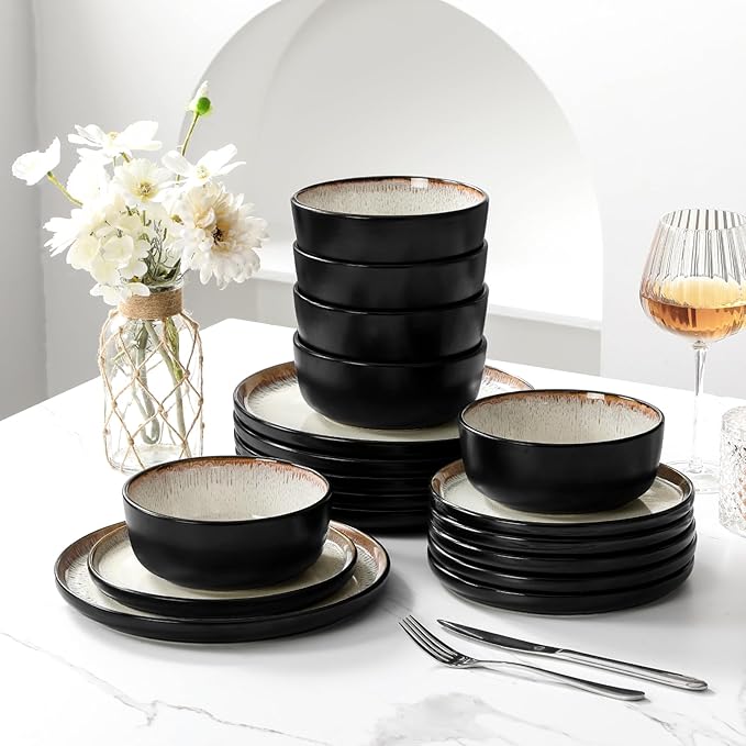 vancasso Plates and Bowls Sets, 18 Pieces Stoneware Dinnerware Sets for 6, Kitchen Dish Set Mircowave and Dishwasher Safe Dinner Set Ceramic Dishware, Light Cream, Series AMBER