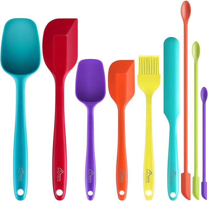 HOTEC BPA Free Heat Resistant Silicone Spatula Set Kitchen Utensils for Baking Cooking Mixing Non Stick Cookware Food Grade Dishwasher Safe (Multi-Color) Set of 9